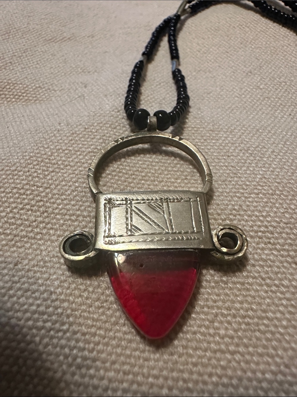 Nigera said Taurig Hand Engraved Sterling SILVER Necklace w/ Deep Red Teardrop